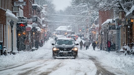 Obraz premium Urban traffic stuck in heavy snow during winter storm