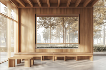 Blank poster in conference room with wooden accents and large windows