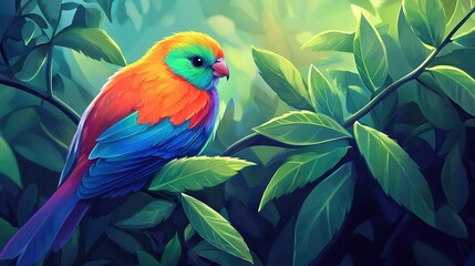 Obraz premium A colorful bird perched atop a green-leafed tree branch amidst a lush, verdant forest background