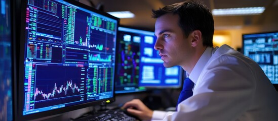 Stock market analyst using high-definition monitors to track real-time financial data and trends in a trading room