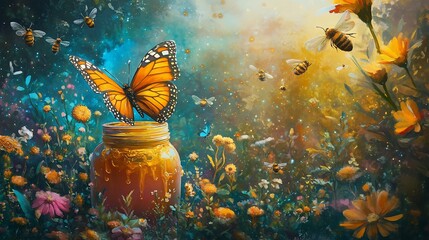A monarch butterfly perched on a jar of honey surrounded by bees and flowers.