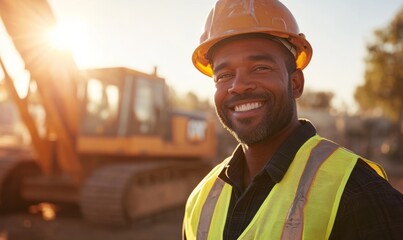 A construction worker wearing a hard hat and safety vest smiles at the camera. He is standing in front of a large construction vehicle, with the sun shining brightly in the background