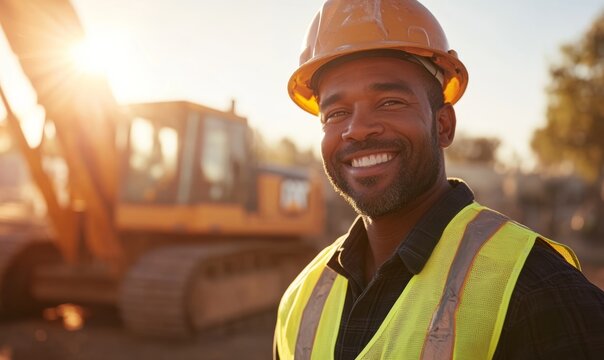 A construction worker wearing a hard hat and safety vest smiles at the camera. He is standing in front of a large construction vehicle, with the sun shining brightly in the background