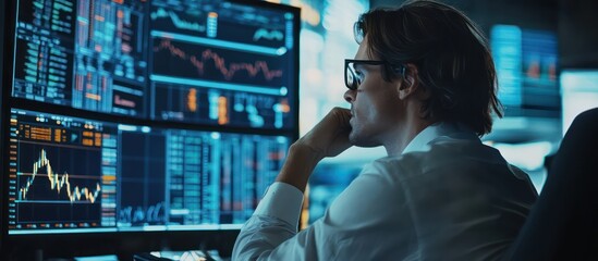 Stock market professional analyzing trading patterns and financial data on high-resolution monitors