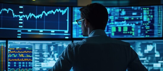 Stock market professional analyzing trading patterns and financial data on high-resolution monitors