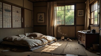 Traditional Japanese room, Tatami mats are strewn with discarded items, and sliding doors and paper windows are partially open, revealing glimpses of the outside world.