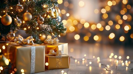 Festive Christmas background, decorated tree, presents, and a cozy living room setting with blank wall space for custom holiday greeting or ad, New Year concept