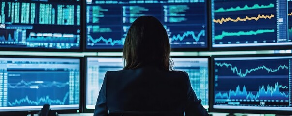 Stock market professional tracking real-time data and trends with high-resolution screens in a trading environment