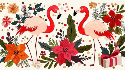   A pair of flamingos stand beside a Christmas wreath adorned with poinsettias and holly