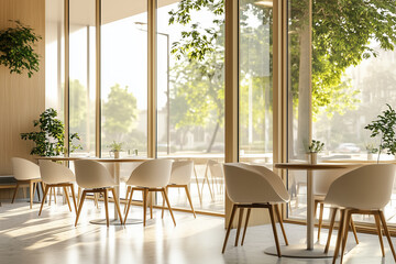 Fototapeta premium Modern cafe interior with chairs and dining table in a row