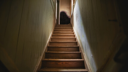 Fototapeta premium A staircase with a dark hallway in the background. The staircase is made of wood and is very narrow