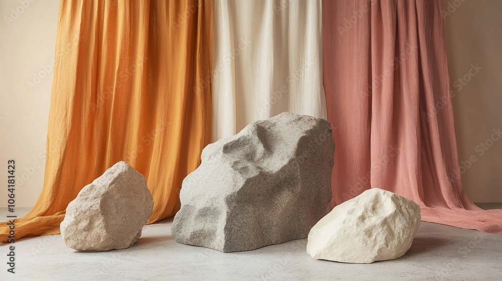 Poster three rocks of different sizes in front of colorful curtains.