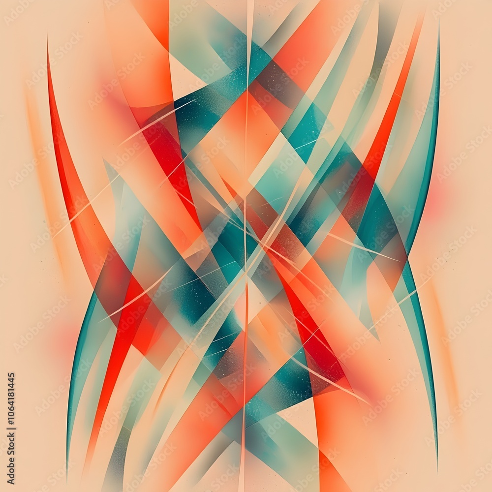 Poster a vibrant abstract composition featuring intersecting lines and curves in shades of red and teal, cr