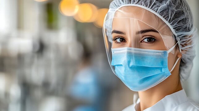 An Asian female nurse in full protective gear, including a blue surgical mask and hairnet, walks briskly down the brightly lit hallway of a hospital, with medical equipment visible in the background.