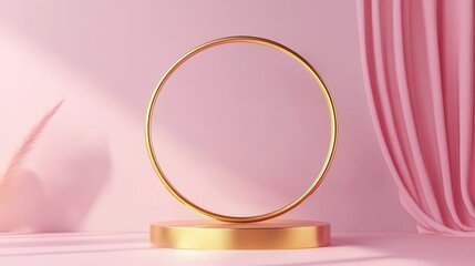 Obraz premium Mock up 3d rendered illustration with geometric shapes golden cylinder podium platforms for cosmatic product presentation. circle design empty space. Abstract composition in pink pastel modern style