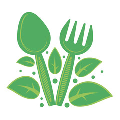 Vector healthy food icon with spoon, fork and green leaves isolated on white background.