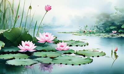 Tranquil lotus pond with pink flowers blooming among lush green lily pads. Reflections create harmonious, calming scene, ideal for peace, serenity themes, home decor, office spaces, digital background