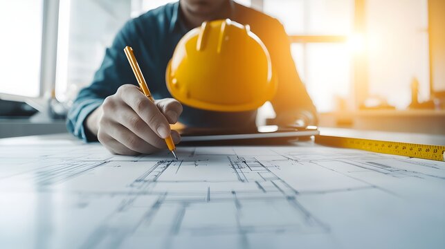 Close-up of a structural engineer marking critical load points on a bridge blueprint, preparing for migration from planning to construction