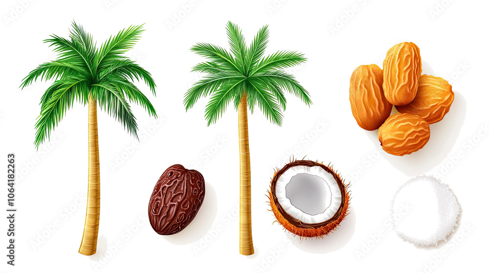 Poster tropical palm trees with coconut acai and date fruits displayed generative ai
