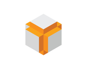 Cube logo, geometric vector design. Box logotype company, trendy tech emblem in pixel style.