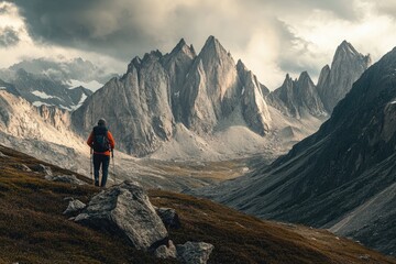 A lone hiker admires a majestic mountain range under a cloudy sky.