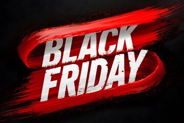 Bold white Black Friday sale text with artistic red paint strokes on black background