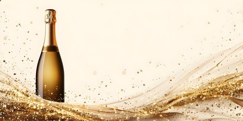 New year celebration banner. Gold champagne bottle with flowing gold glitter on light background