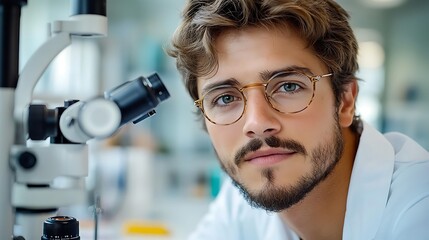 Young man with glasses sitting in an eye clinic, attentively looking through the phoropter machine while the optometrist makes adjustments to enhance his eyesight.