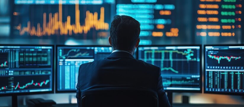 Stock trader analyzing live financial data and market trends with high-definition monitors in a trading room