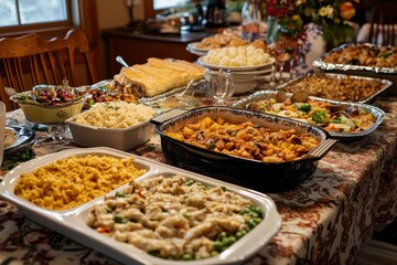 Abundant Thanksgiving Buffet Table with Traditional Dishes
