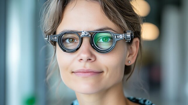 Doctor of optometry performing a vision test on a middle aged woman by maneuvering the lenses of the phoropter to determine the most accurate prescription for her glasses.