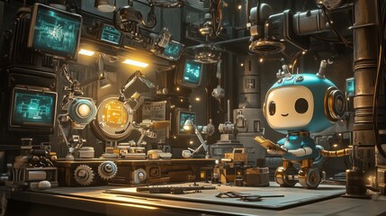 Fototapeta premium A cute robot is working in an old laboratory