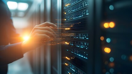 Engineer running diagnostics on interconnected servers, abstract data streams overlaying the scene, IT specialist diagnostics, high-tech data visualization
