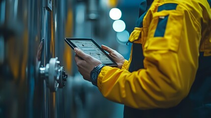 Zoomed-in shot of safety inspector's hands holding a tablet near a chemical tank, cross-referencing data, ensuring no leakage, digital inspection, chemical safety