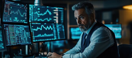 Stock trader analyzing market trends and investment data with high-resolution monitors in a trading environment
