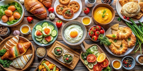 Fototapeta premium Brunch spread featuring a variety of pastries, vegetables, spreads, cheeses, and fried eggs, brunch, spread, pastries