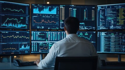 Stock trader analyzing market trends and data with multiple high-resolution screens in a modern trading environment