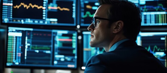 Stock trader analyzing market data and trends with high-definition screens in a modern trading environment