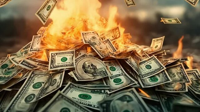 Pile of Money on Fire, inflation bankrupt concept, Pile of money burning, footage, 4k footage, videos, video clip, slow motion, video wallpaper, animation, 4k