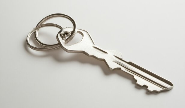 A silver key chain in the shape of a house, with house keys on a white