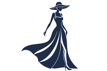  woman in a long dress with wide brim hat vector illustration