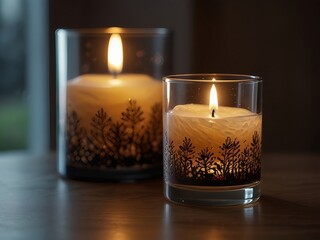 Elegant Candlelight Ambiance: Two Decorative Candles in Glass Holders with Intricate Leaf Patterns