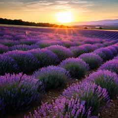 Fototapeta premium Vast lavender fields under a setting sun casting a golden glow over the landscape