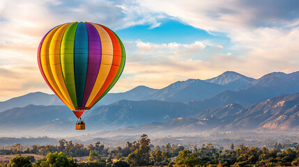 Fototapeta premium A rainbow-colored hot air balloon soars above a mountainous valley, framed by a misty sky