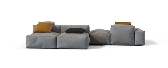 Soft modular Sofa with pillows 3d render isolated PNG on transparent background with shadow