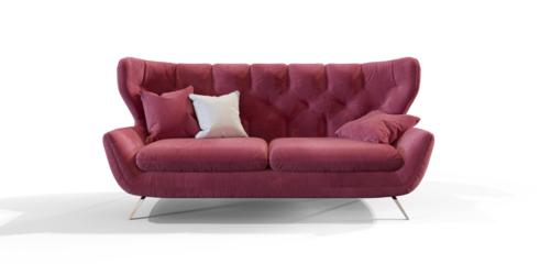  Soft Pink Sofa with pillows 3d render isolated premium PNG on transparent background with shadow