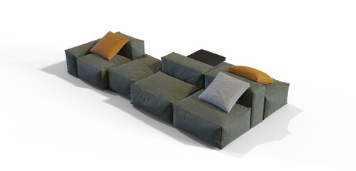 Soft modular Sofa with pillows 3d render isolated PNG on transparent background with shadow