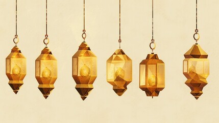 Six Golden Lanterns Hanging from Ceiling