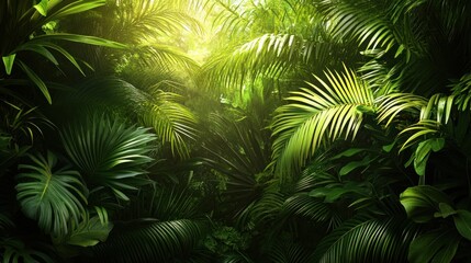 Sunlight shining through lush green tropical foliage in a jungle.