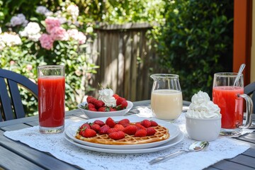 Summer Breakfast on a Patio with Strawberries, Waffles, and Juice
